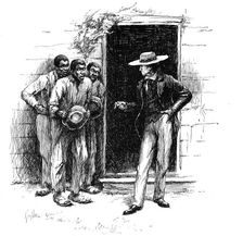 Louisiana planter showing a voodoo charm to apprehensive plantation workers, 1886