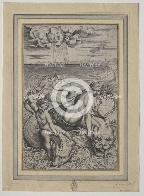 Love and Cupid Carried by Dolphins, 1500s. Creator: Marco Dente (Italian, c. 1486-1527).