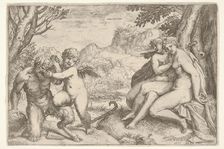 Love Conquers All (Omnia vincit Amor), in a struggle with a satyr Amor places his right kn..., 1599. Creator: Agostino Carracci