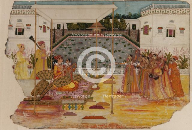 Lovers on a garden terrace; musicians and attendants, 18th century. Creator: Unknown.