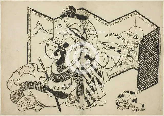 Lovers, a Cat, and a Mouse in front of a Folding Screen, c. 1684/98. Creator: Sugimura Jihei.