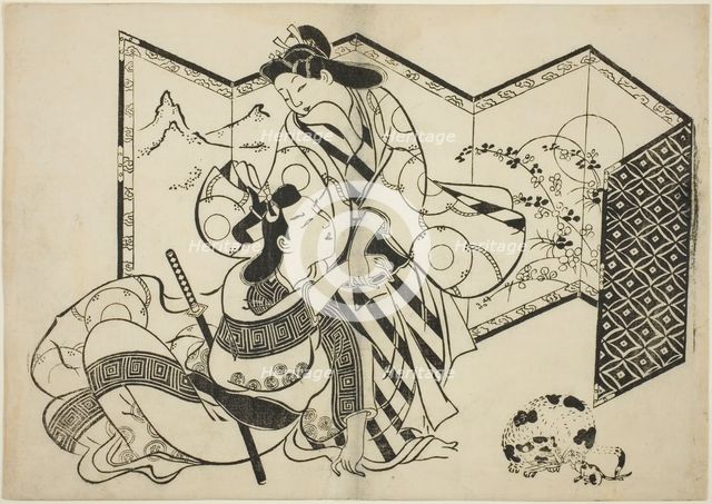 Lovers, a Cat, and a Mouse in front of a Folding Screen, c. 1684/98. Creator: Sugimura Jihei.
