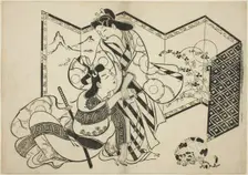 Lovers, a Cat, and a Mouse in front of a Folding Screen, c. 1684/98. Creator: Sugimura Jihei