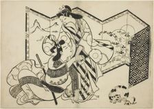 Lovers, a Cat, and a Mouse in front of a Folding Screen, c. 1684/98. Creator: Sugimura Jihei