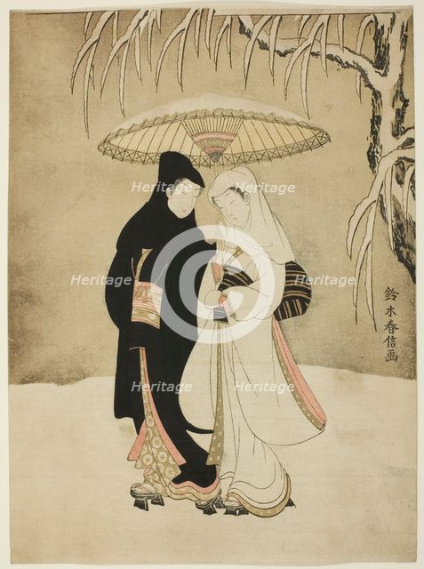 Lovers Beneath an Umbrella in the Snow, c. 1767. Creator: Suzuki Harunobu.
