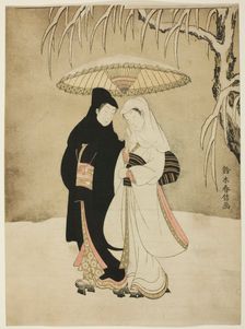 Lovers Beneath an Umbrella in the Snow, c. 1767. Creator: Suzuki Harunobu