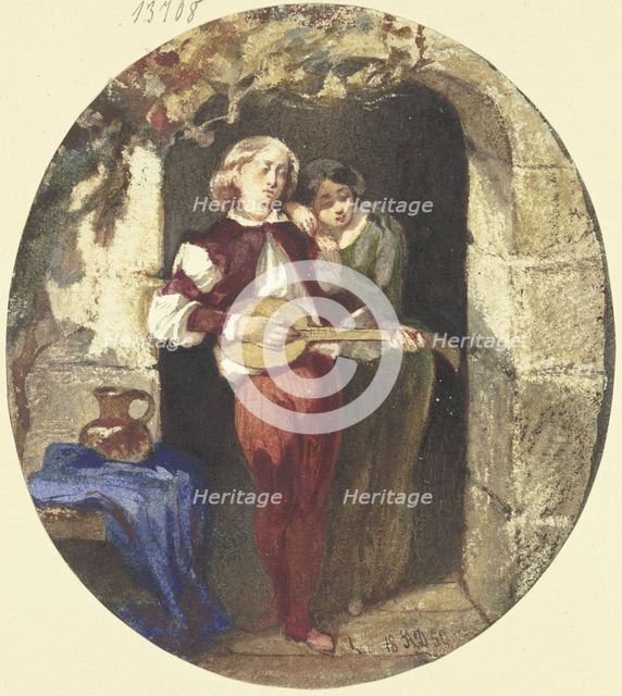 Lovers in the front door, 1850. Creator: Andreas Deckelmann.