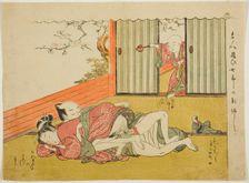 Lovers Interrupted, sheet 18 from the series "Poems of the Husband and Wife Mane..., c. 1770/71. Creator: Isoda Koryusai