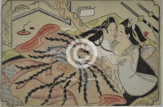 Lovers under a quilt with phoenix design, 1680s.