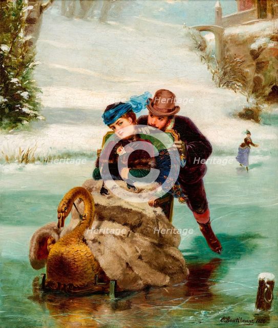 Lovers with a sleigh on a frozen lake, 1886. Creator: Charles Boutibonne.