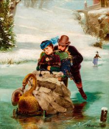 Lovers with a sleigh on a frozen lake, 1886. Creator: Charles Boutibonne