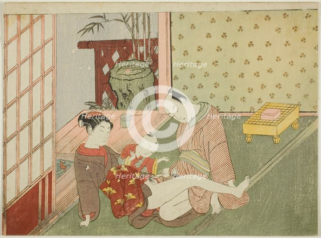 Lovers with Young Attendant Looking on, from an untitled series of erotic prints, c. 1766. Creator: Suzuki Harunobu.
