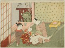 Lovers with Young Attendant Looking on, from an untitled series of erotic prints, c. 1766. Creator: Suzuki Harunobu