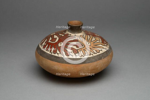 Low Jar with Small Spout Depicting a Repeated Abstract Star or Face Motif, 180 B.C./A.D. 500. Creator: Unknown.