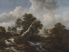 Low Waterfall in a Wooded Landscape with a Dead Beech Tree, c. 1660-1670. Creator: Jacob van Ruisdael (Dutch, 1628/29-1682)