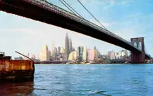 Lower Manhattan skyline from under the Brooklyn Bridge, New York City, New York, USA, 1956