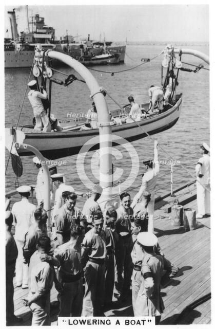 Lowering a boat, HMS 'Devonshire', 1937. Artist: Unknown