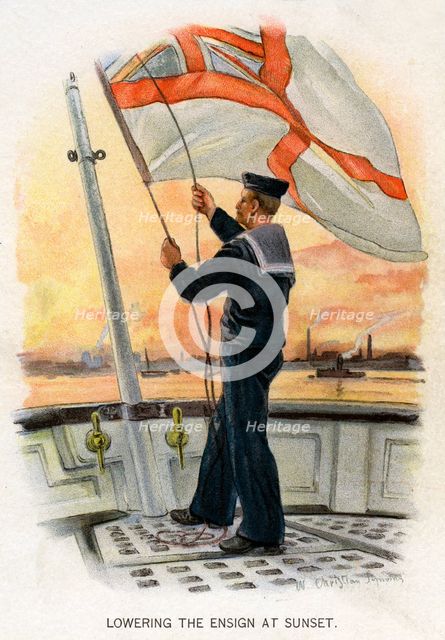 'Lowering the Ensign at Sunset', c1890-c1893.Artist: William Christian Symons