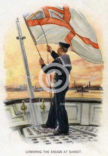 'Lowering the Ensign at Sunset', c1890-c1893.Artist: William Christian Symons