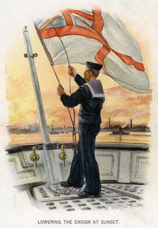 Lowering the Ensign at Sunset c1890-c1893.Artist: William Christian Symons