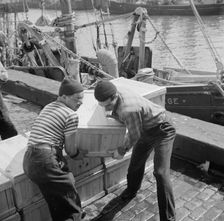 Loaders placing fish that has been taken from boats, boxed, and iced, aboard..., New York, 1943. Creator: Gordon Parks