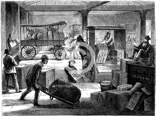 Loading up horse-drawn vans at the Wells Fargo general office, New York, USA, 1875. Artist: Unknown