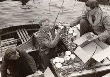 Loading yacht Forerunner with Rowntree Cocoa for a round-the-world voyage, 1954
