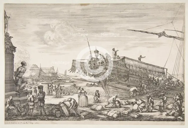 Loading a galley, from 'Views of the port of Livorno' (Vues du port de Livourne), 1654-55. Creator: Stefano della Bella.