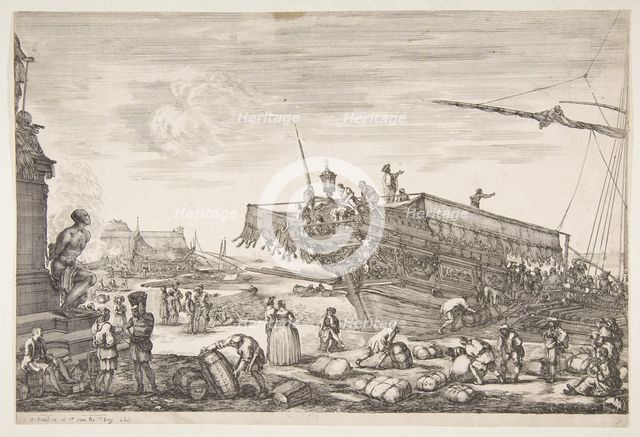 Loading a galley, from 'Views of the port of Livorno' (Vues du port de Livourne), 1654-55. Creator: Stefano della Bella.