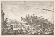 Loading a galley, from Views of the port of Livorno (Vues du port de Livourne), 1654-55. Creator: Stefano della Bella