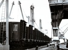 Loading and transport of train wagons in the port of Zeebrugge - Bruges, Belgium