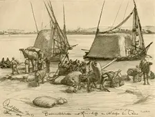 Loading cotton onto grain boats, River Nile, Cairo, Egypt, 1898. Creator: Christian Wilhelm Allers