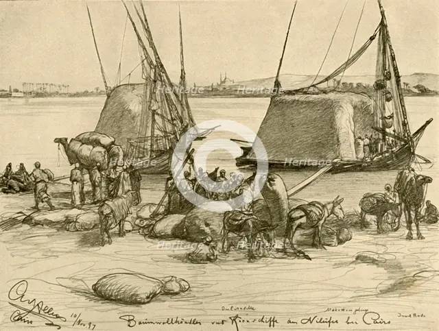 Loading cotton onto grain boats, River Nile, Cairo, Egypt, 1898.  Creator: Christian Wilhelm Allers.