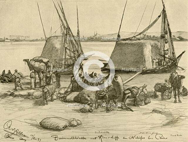 Loading cotton onto grain boats, River Nile, Cairo, Egypt, 1898.  Creator: Christian Wilhelm Allers.
