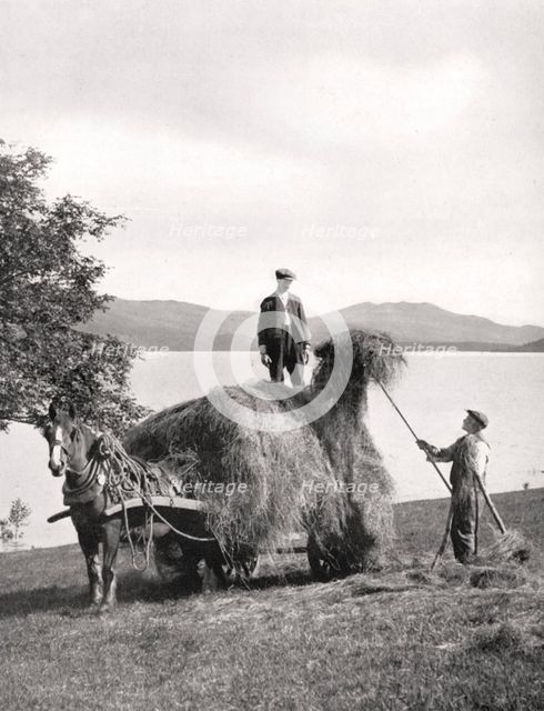Loading hay onto a wagon on the shores of Loch Lomond, Scotland, 1924-1926.Artist: Donald McLeish