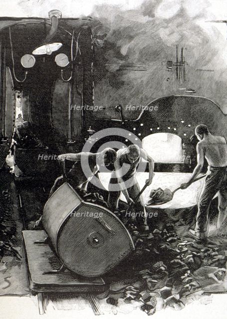 Loading of coal into the boilers of a blast furnace, engraving in 'L'Illustration Française' of A…