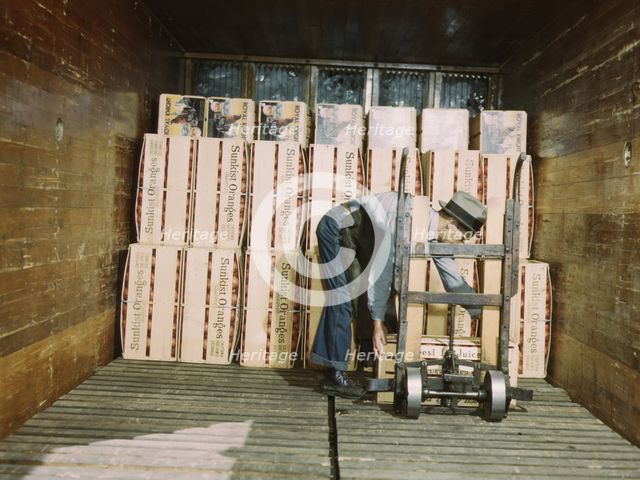 Loading oranges into a refrigerator car at a co-op orange packing plant, Redlands, Calif., 1943. Creator: Jack Delano.