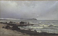 Loading seaweed on the beach at Hornbæk, 1882. Creator: Carl Ludvig Locher