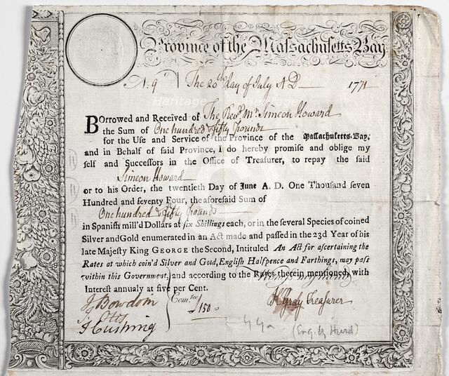 Loan Certificate. Creator: Nathaniel Hurd (American, 1730-1778).