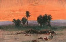'L'oasis de Biskra au soleil couchant; Afrique du nord 1914. Creator: Max Raber