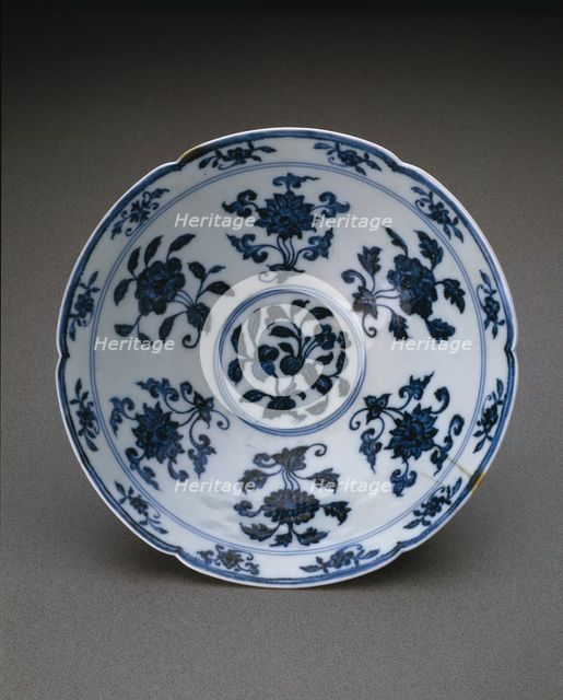 Lobed Conical Bowl with Peonies, Loquat, Pomegranate,..., Ming dynasty, Xuande reign (1426-1435). Creator: Unknown.