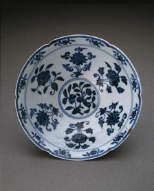 Lobed Conical Bowl with Peonies, Loquat, Pomegranate,..., Ming dynasty, Xuande reign (1426-1435). Creator: Unknown