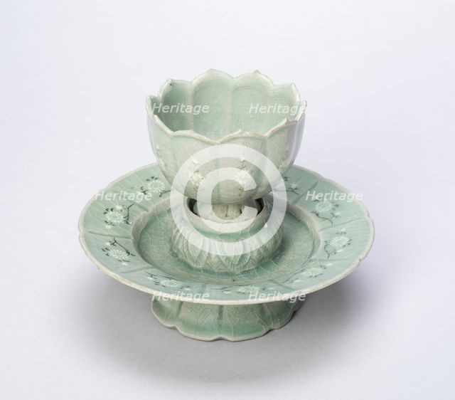 Lobed Cup and Stand with Chrysanthemum Flower Heads, Floral Sprays, and Fish Amid..., 12th/13th cent Creator: Unknown.
