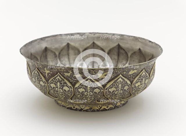 Lobed bowl with lotus petals, birds, animals..., Early or mid-Tang dynasty, late 7th-early 8th cent. Creator: Unknown.