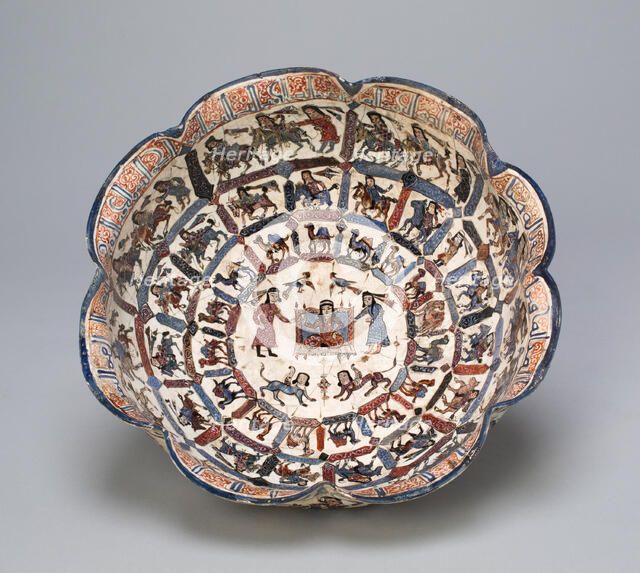 Lobed Bowl with Seated Figure and Attendants, Seljuq dynasty, late 12th/early 13th century. Creator: Unknown.