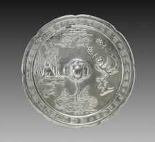 Lobed Mirror with a Tortoise Knob, a Musician, and a Phoenix, late 700s. Creator: Unknown