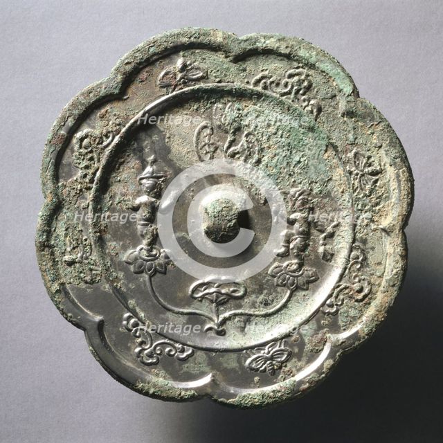 Lobed Mirror with Acrobats on Lotus Blossoms, early 7th Century - early 10th Century. Creator: Unknown.