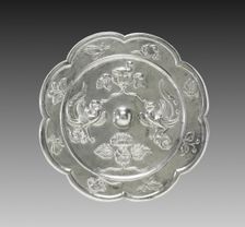Lobed Mirror with Paired Phoenixes, a Nestling Bird, and a Lotus Blossom, 700s. Creator: Unknown