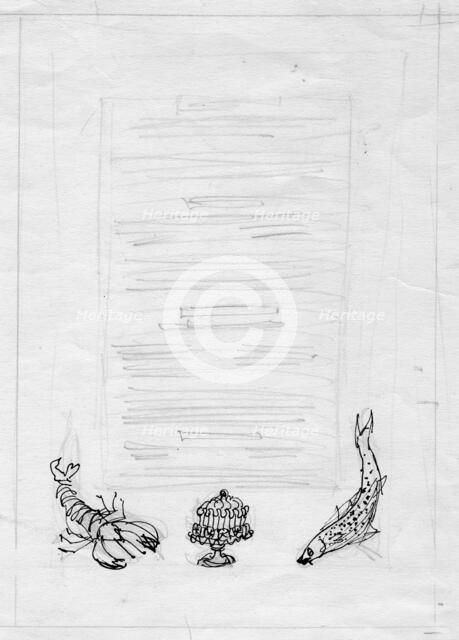 Lobster, fish and cake, menu design, c1950. Creator: Shirley Markham.