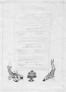 Lobster, fish and cake, menu design, c1950. Creator: Shirley Markham
